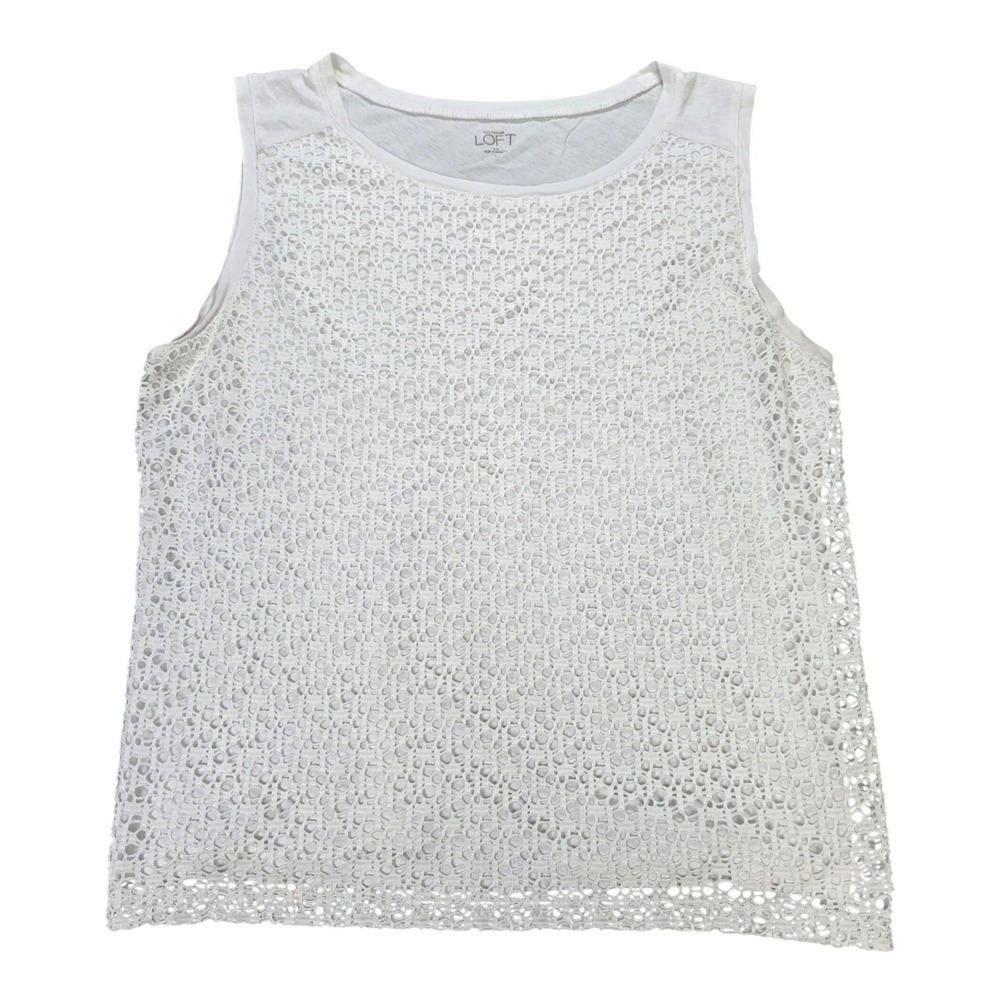 Ann Taylor LOFT Eyelet Lace Tank Top Women's Size L White Round Neck Cotton